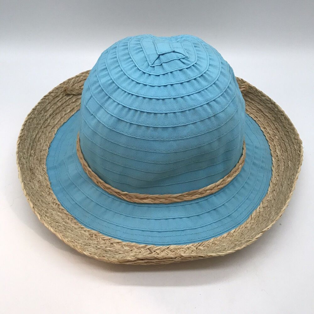 Sun 'n' Sand Headwear Women's OSFM Packable Teal Blue Textile & Straw Beach Hat